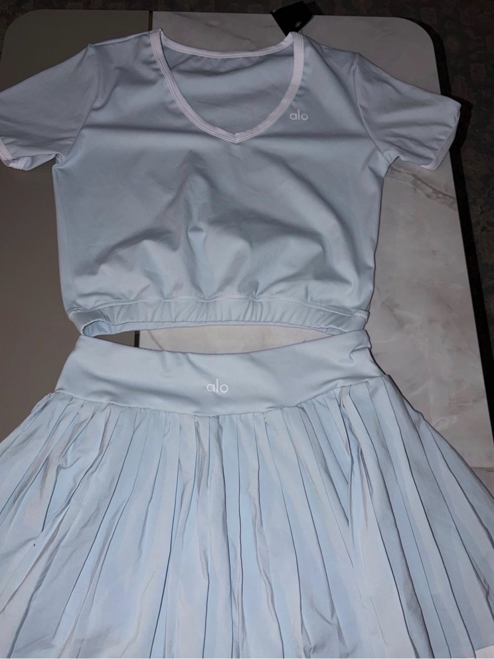 ALO Yoga Light Blue Crop Top and Pleated Skirt Set